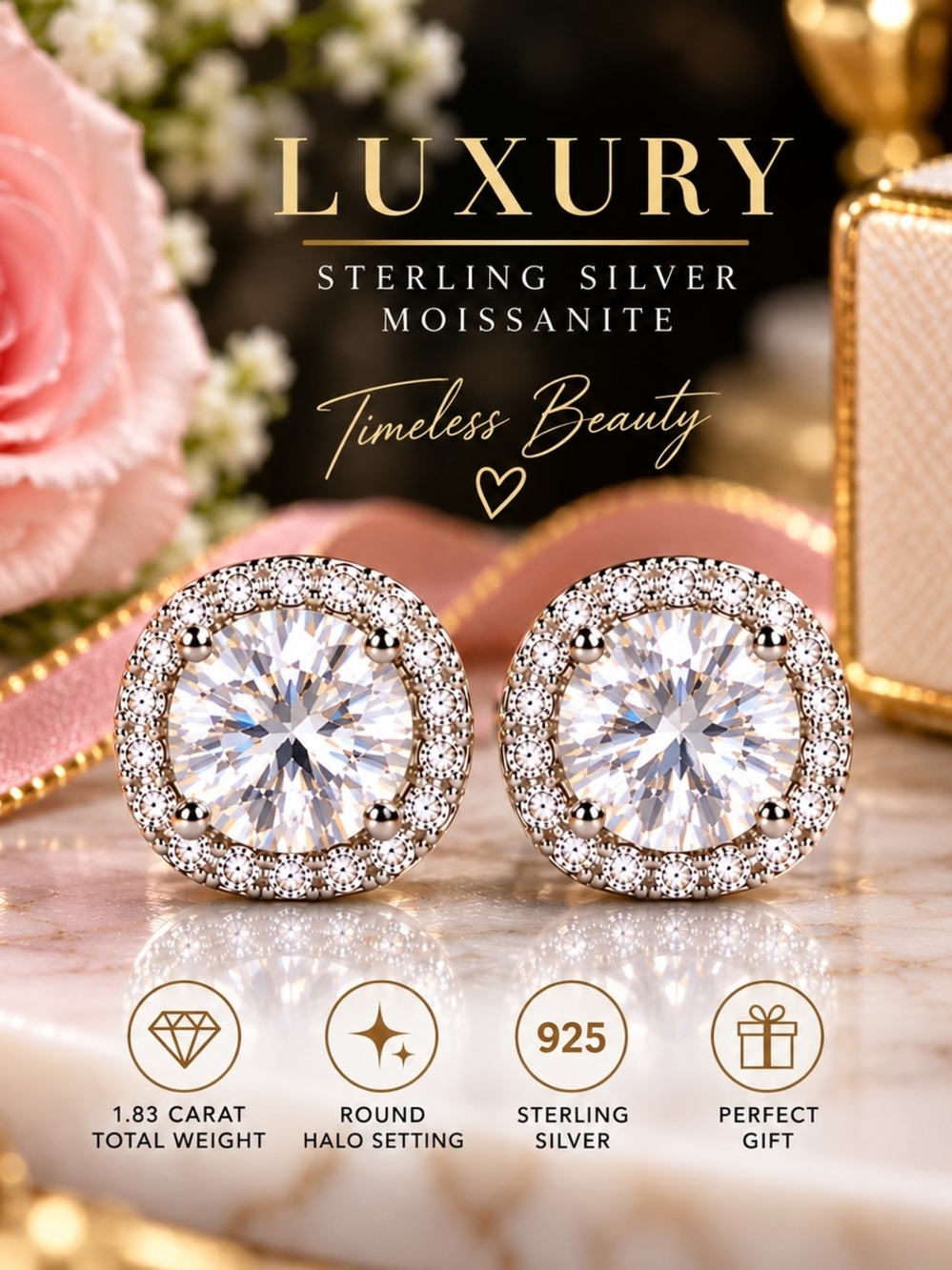 ✨ Luxury Round Halo Moissanite Stud Earrings ✨
